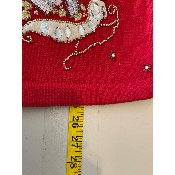 Victoria Jones Red Christmas Cardigan Sweater Sherpa Collar Beads Medium Petite - Picture 6 of 9